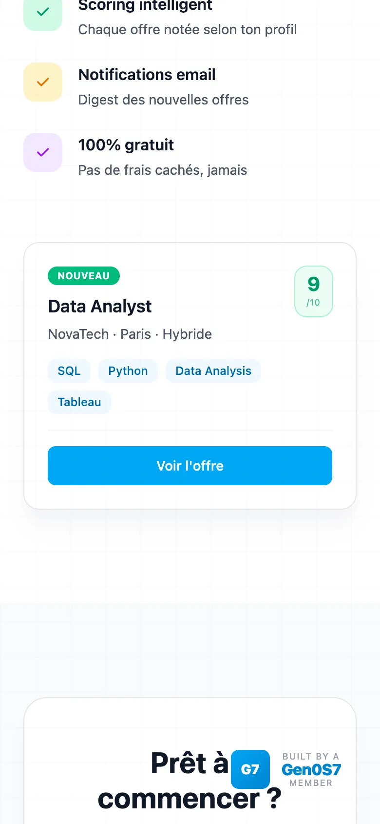 Exemple d'offre sur mobile : poste de Data Analyst noté 9 sur 10, avec les compétences demandées et le bouton « Voir l'offre ».