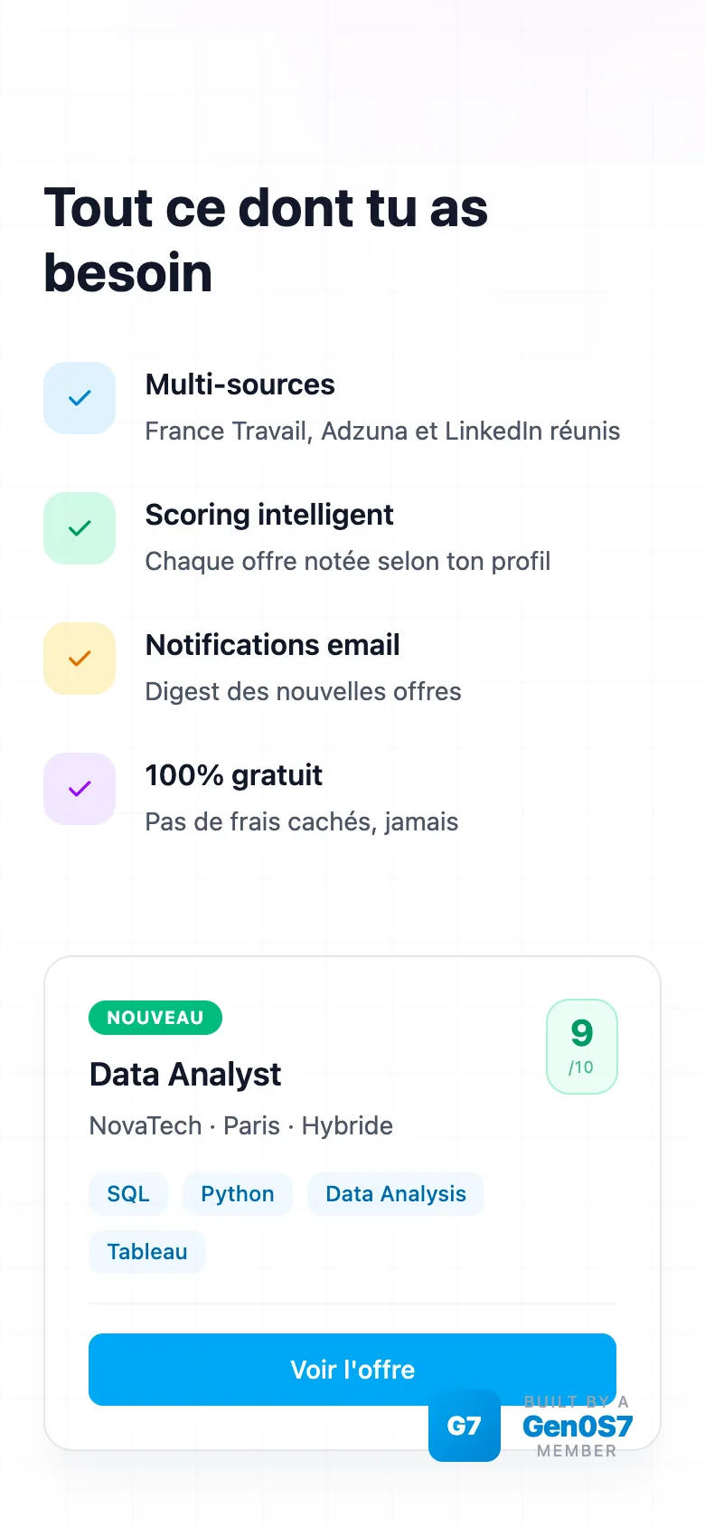 Section « Tout ce dont tu as besoin » sur mobile : sources multiples, notation des offres, notifications par email et gratuité, avec un exemple d'offre.